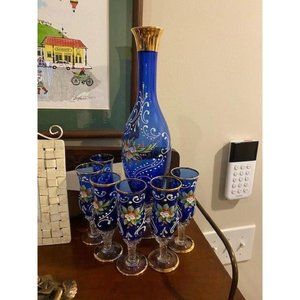 Bohemian decanter and cordial glasses hand painted